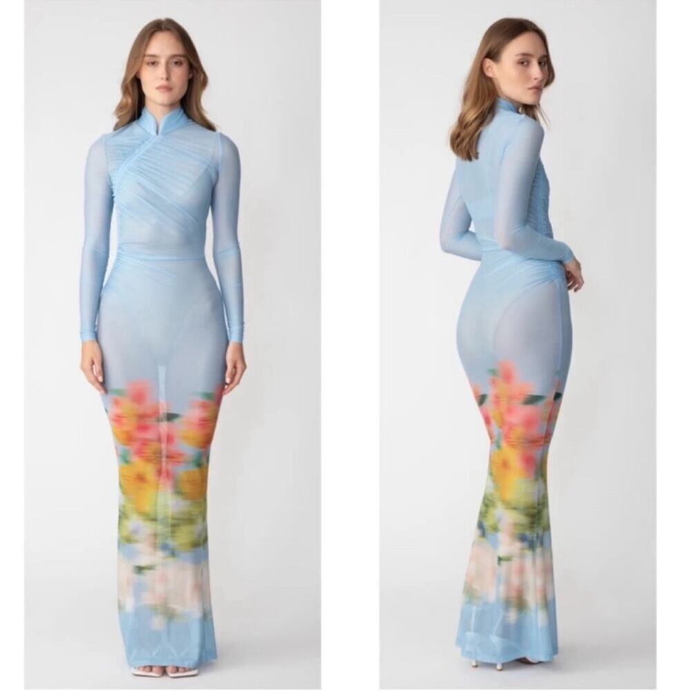 SAU LEE Kendra Mesh Sheer Blurred Floral Long Sleeve Blue Maxi Dress Size 0 - Picture 2 of 15